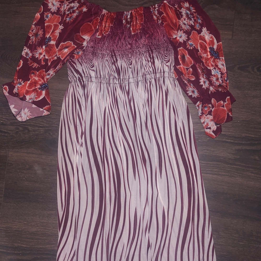 Off-Shoulder Mixed Print Maxi Dress in Wine and Blush